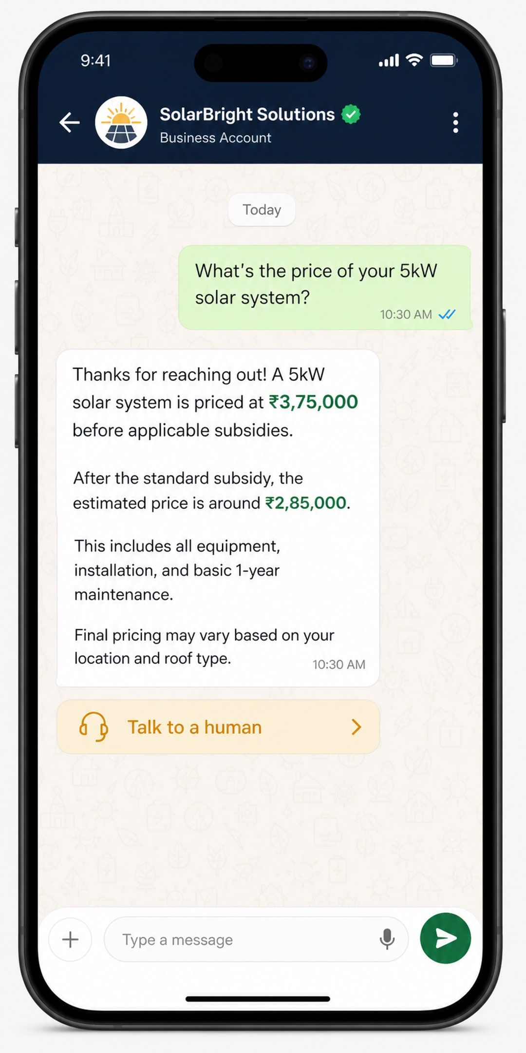 Irshad AI Employee answering a customer pricing question on WhatsApp