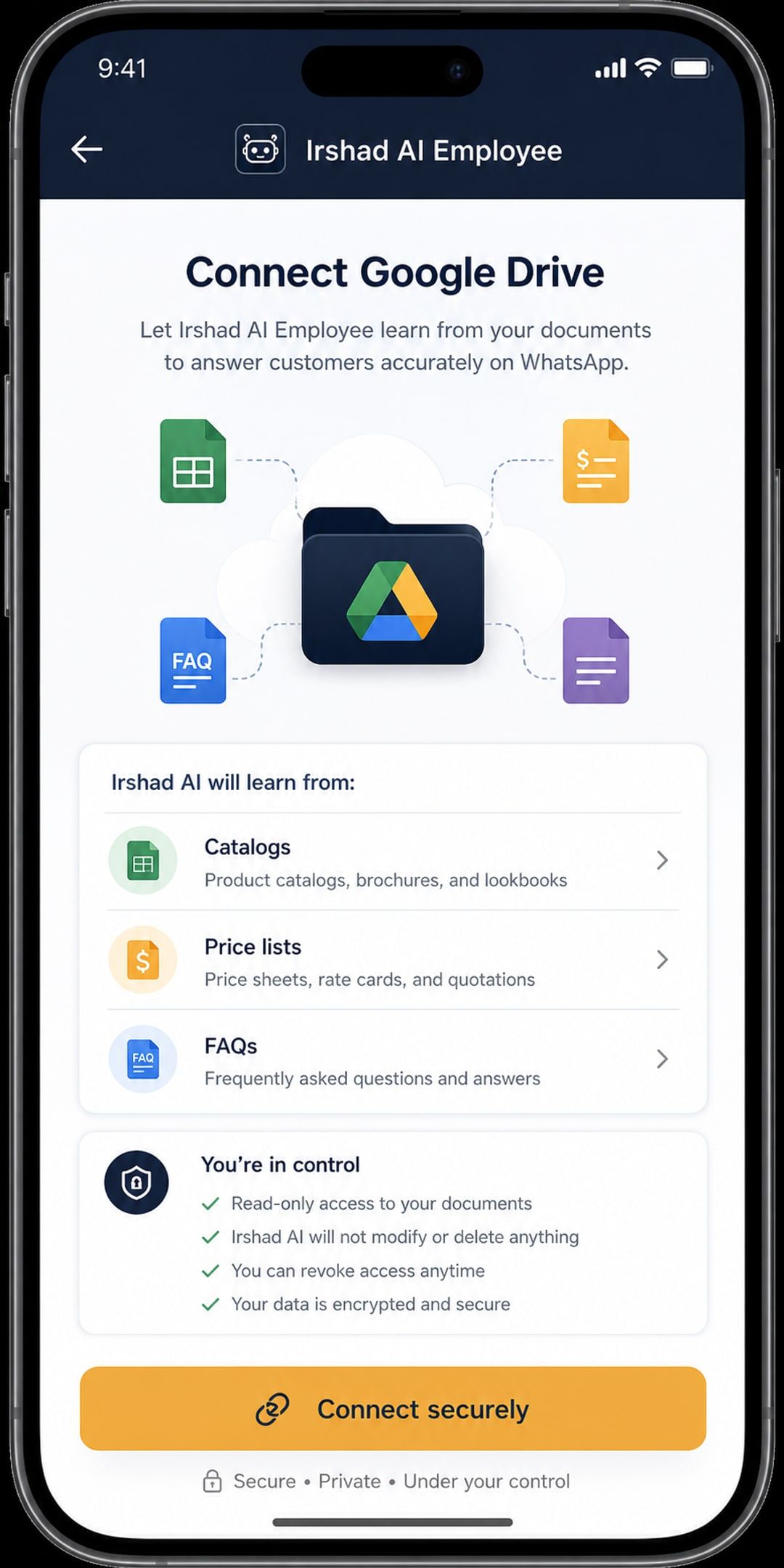 Irshad AI Employee connect Google Drive screen