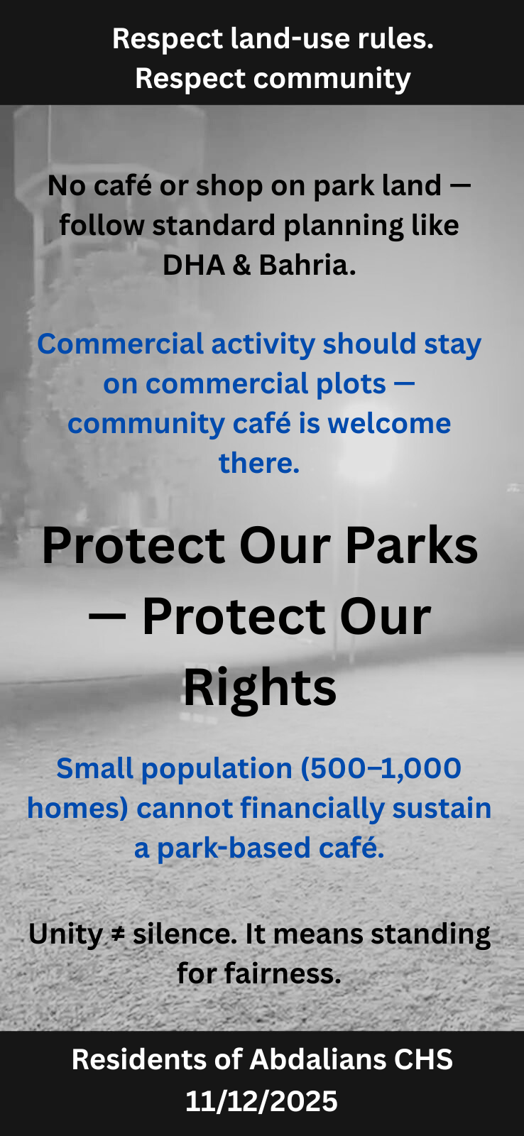 Awareness poster for Abdalians Cooperative Housing Society (ACHS) Lahore: Protect Our Parks — Protect Our Rights (English).