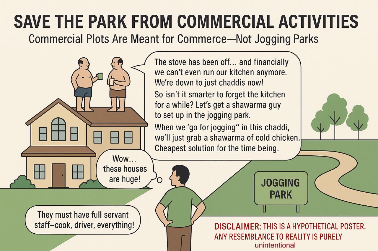 Satire awareness poster for Abdalians Cooperative Housing Society (ACHS) Lahore: Save the Park from Commercial Activities.