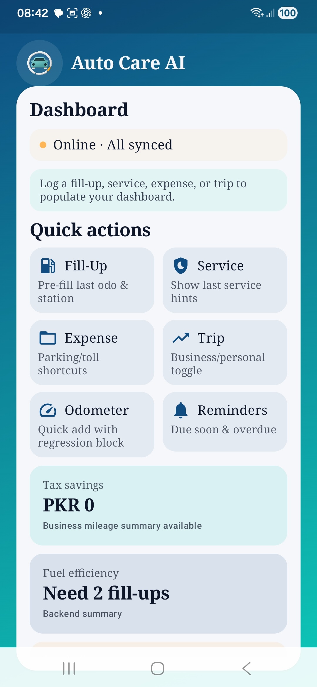 Auto Care AI dashboard quick actions screen