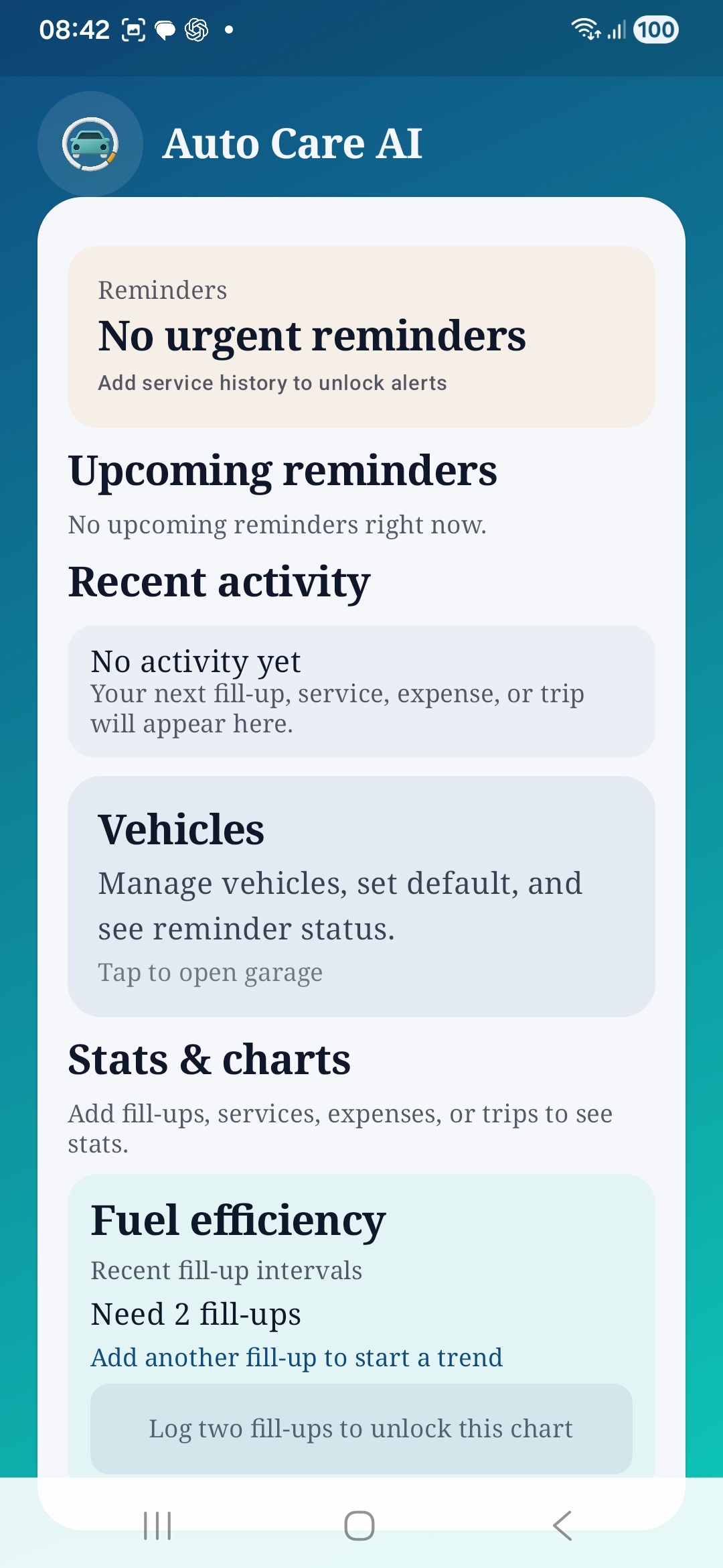 Auto Care AI dashboard sections for reminders, recent activity, vehicles, stats, and fuel efficiency.