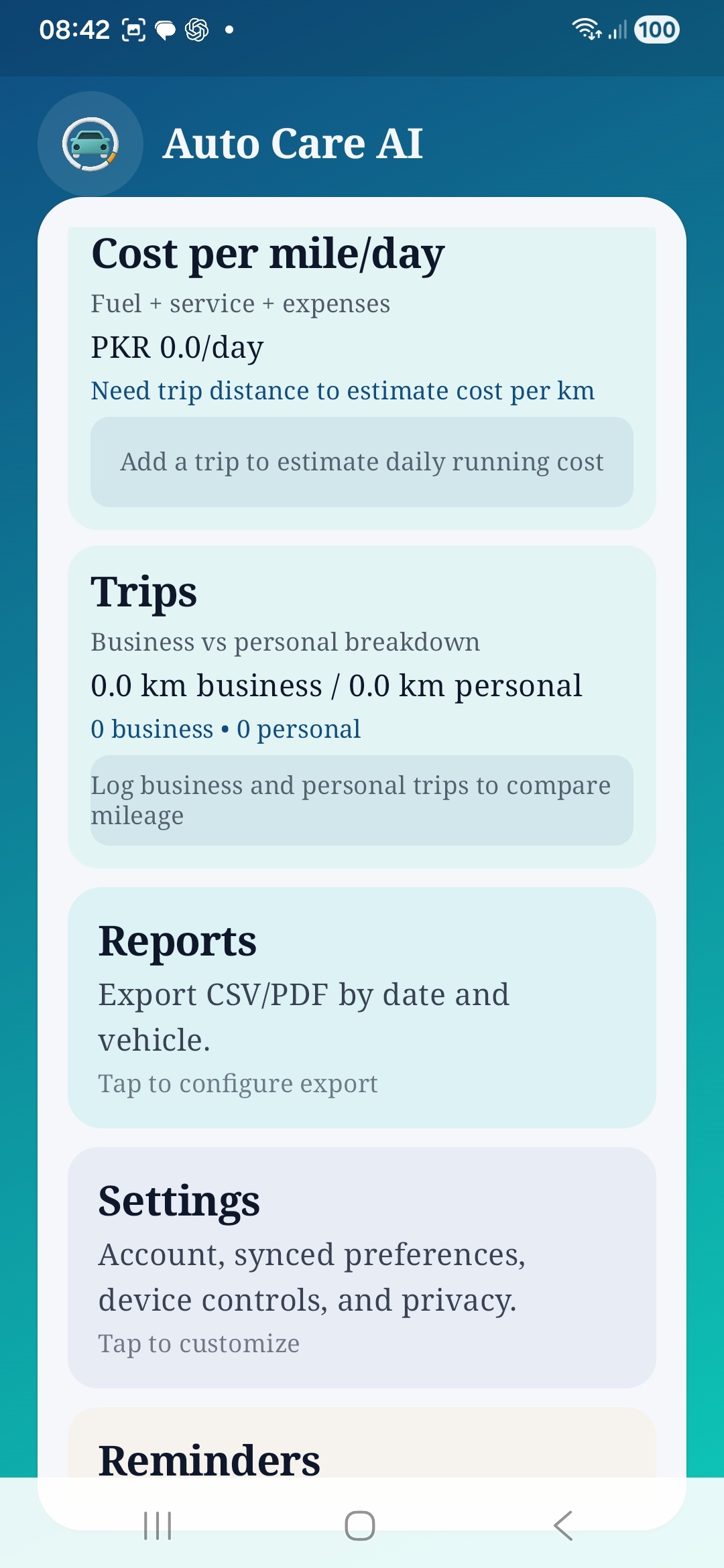 Auto Care AI dashboard sections for cost per mile, trips, reports, settings, and reminders.