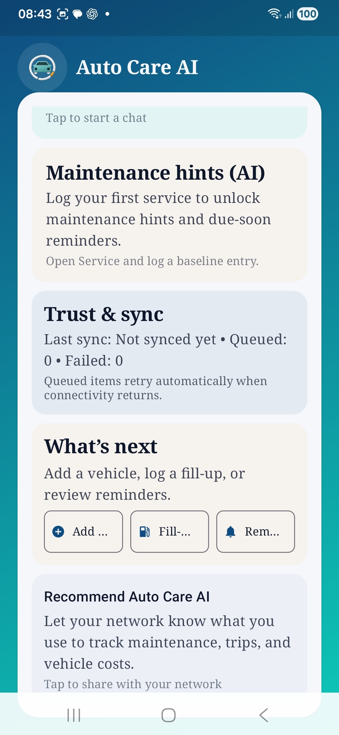 Auto Care AI dashboard showing maintenance hints, trust and sync status, next steps, and the app sharing prompt.
