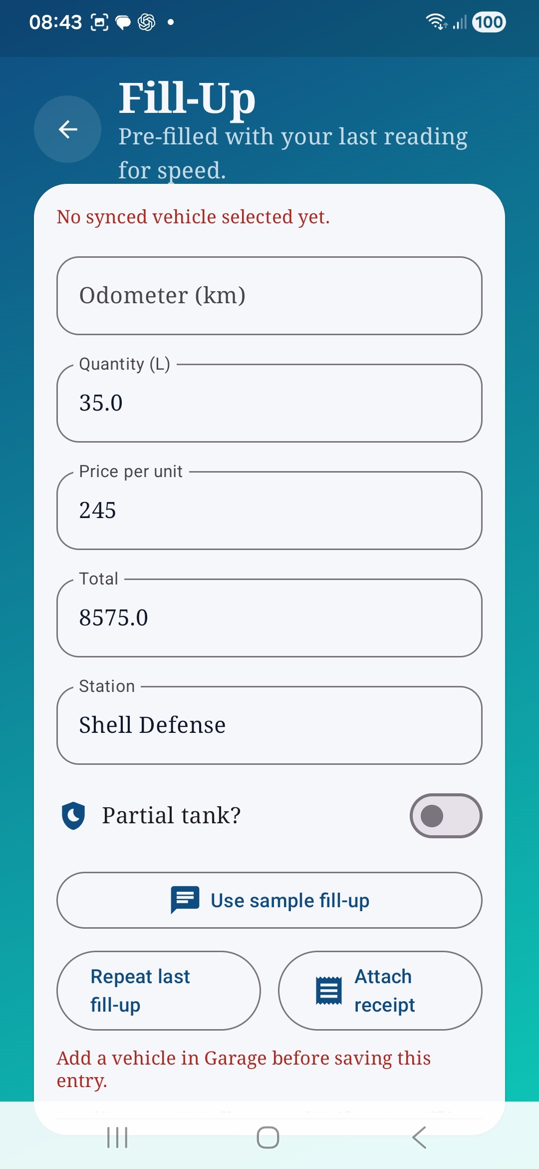 Auto Care AI fill-up form with odometer, quantity, price, station, and receipt actions.