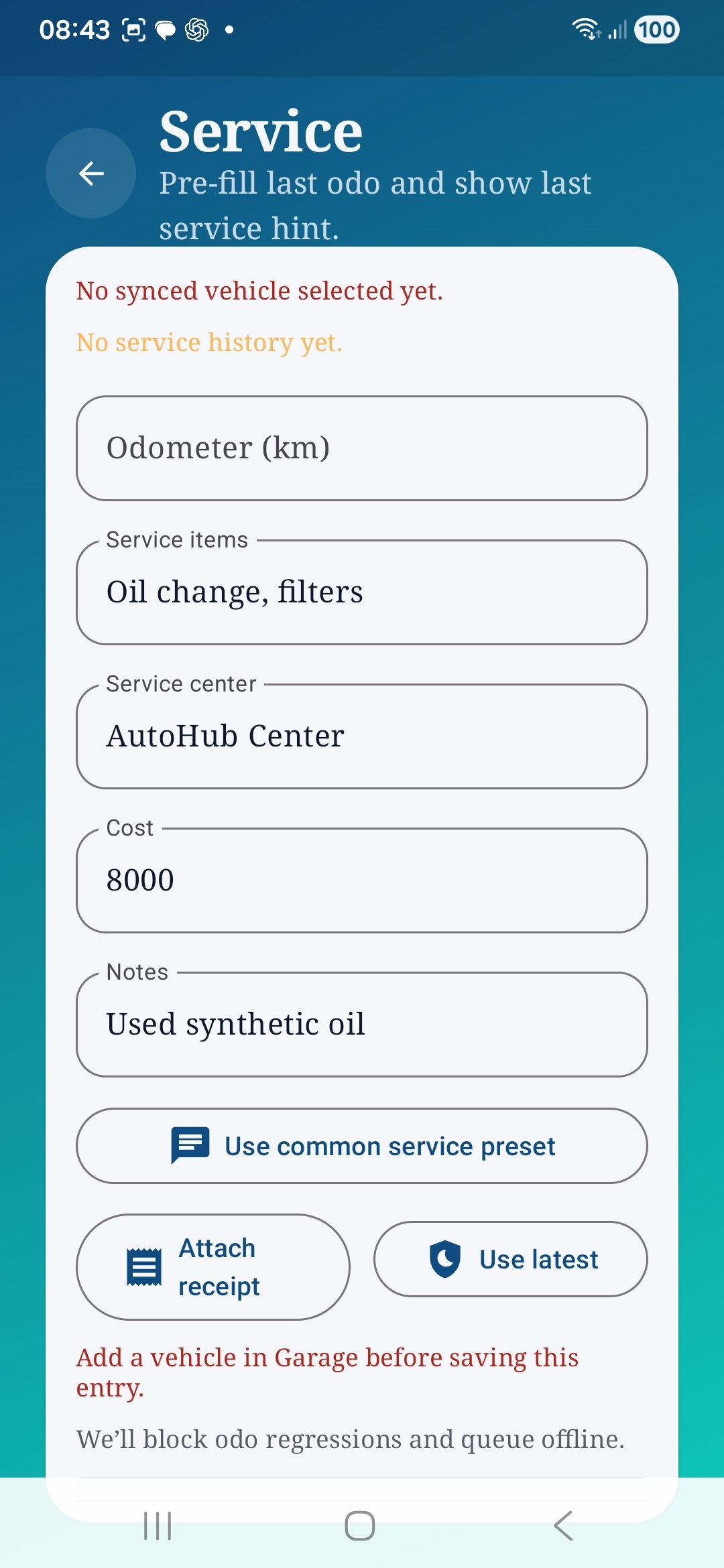 Auto Care AI service form with odometer, service items, service center, cost, notes, and receipt controls.