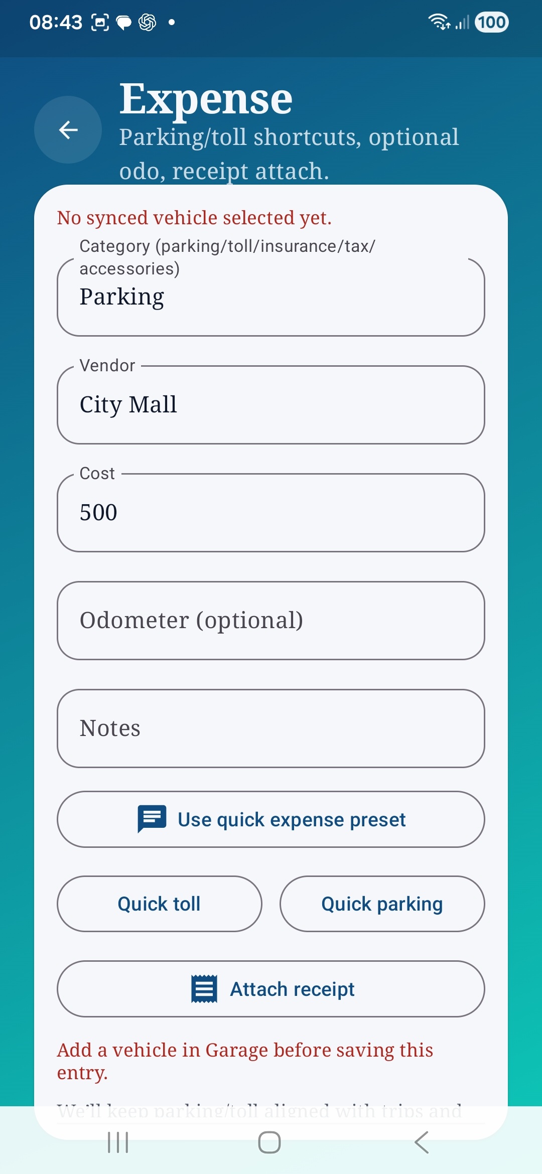 Auto Care AI expense form with category, vendor, cost, notes, quick presets, and receipt attachment.
