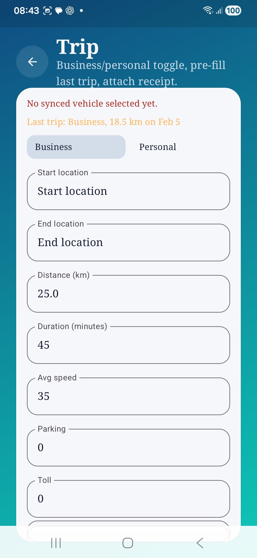 Auto Care AI trip form with business and personal toggle, locations, distance, duration, and speed fields.