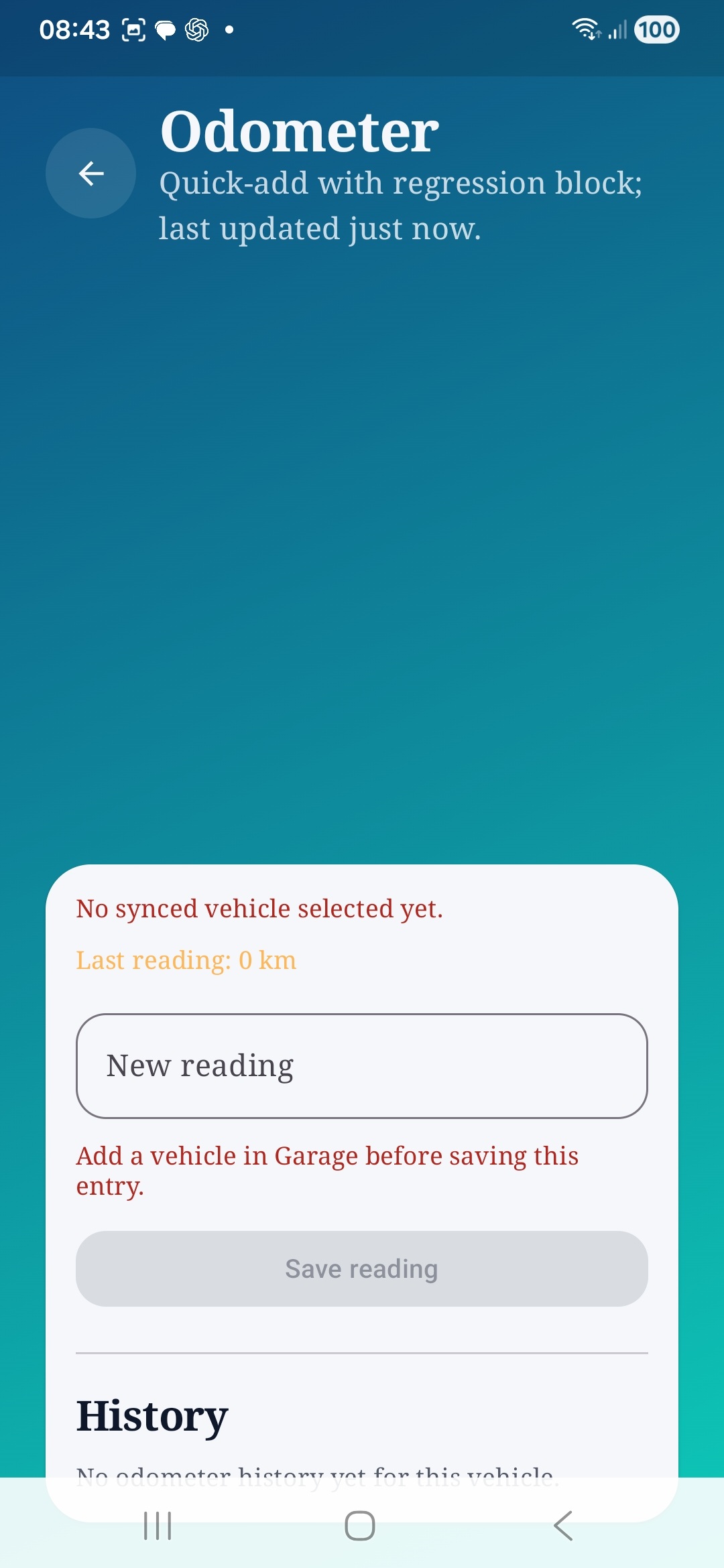 Auto Care AI odometer screen with regression guard and reading history section.
