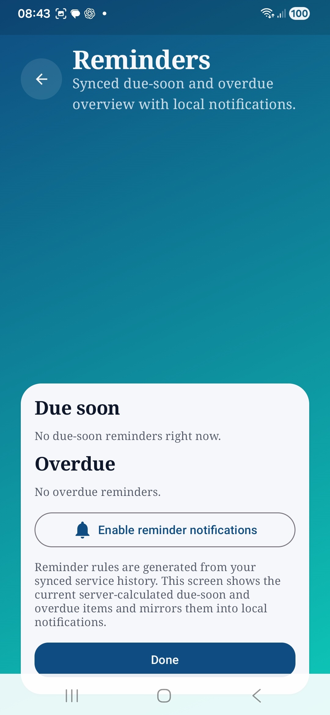 Auto Care AI reminders screen showing due-soon and overdue sections with notification control.