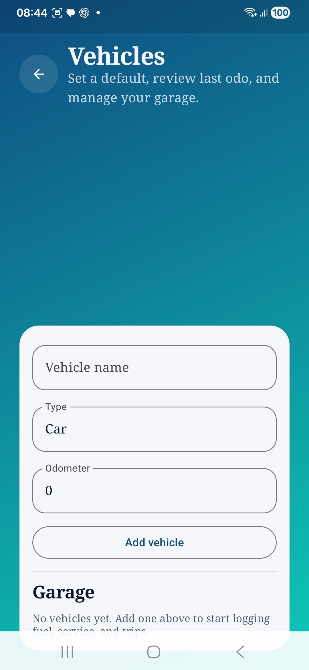 Auto Care AI vehicles screen for adding a vehicle and managing the garage.