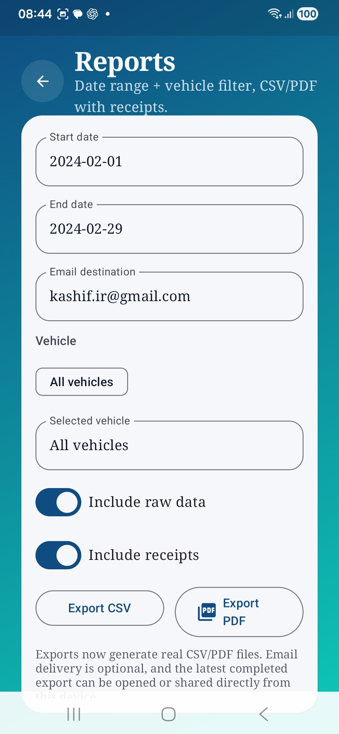 Auto Care AI reports export screen