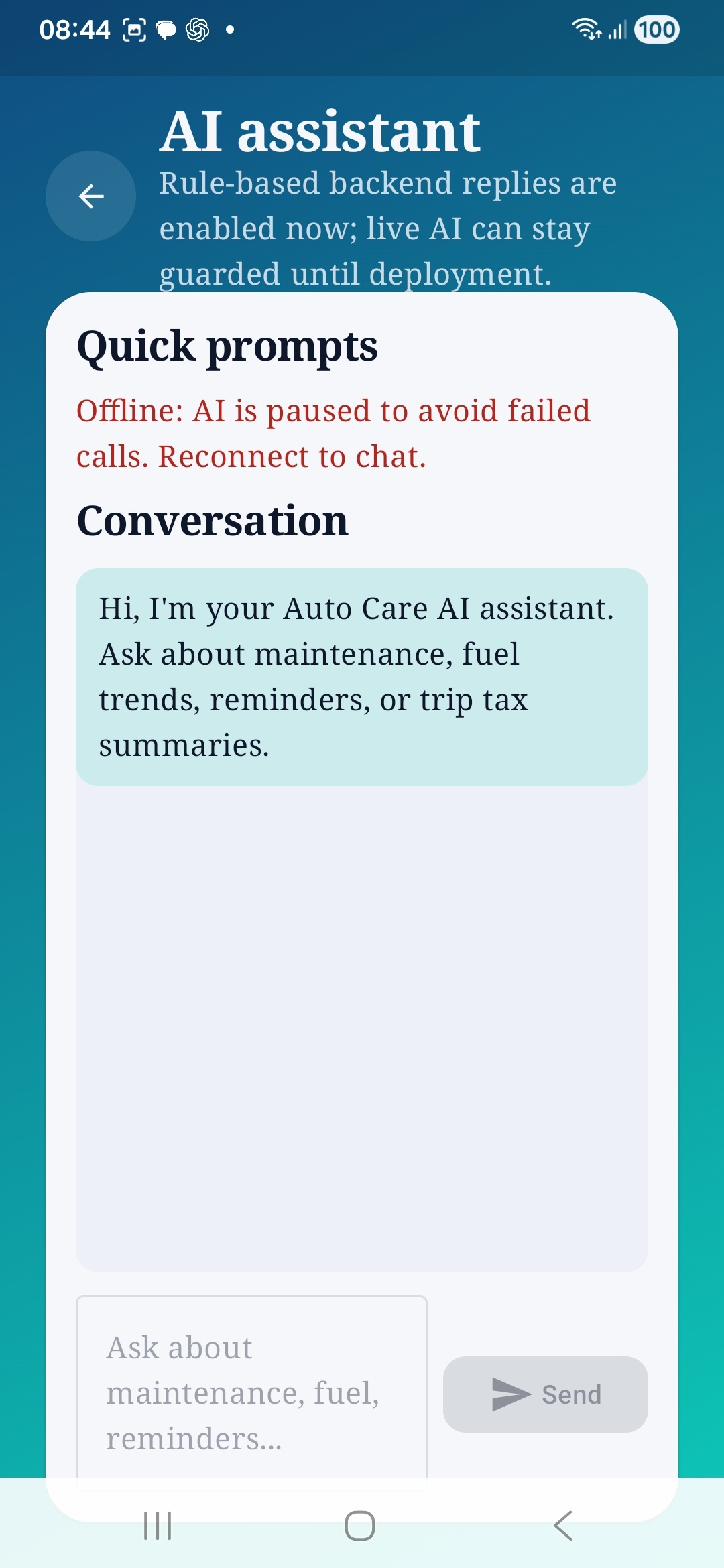 Auto Care AI AI assistant screen with quick prompts, offline notice, and conversation area.