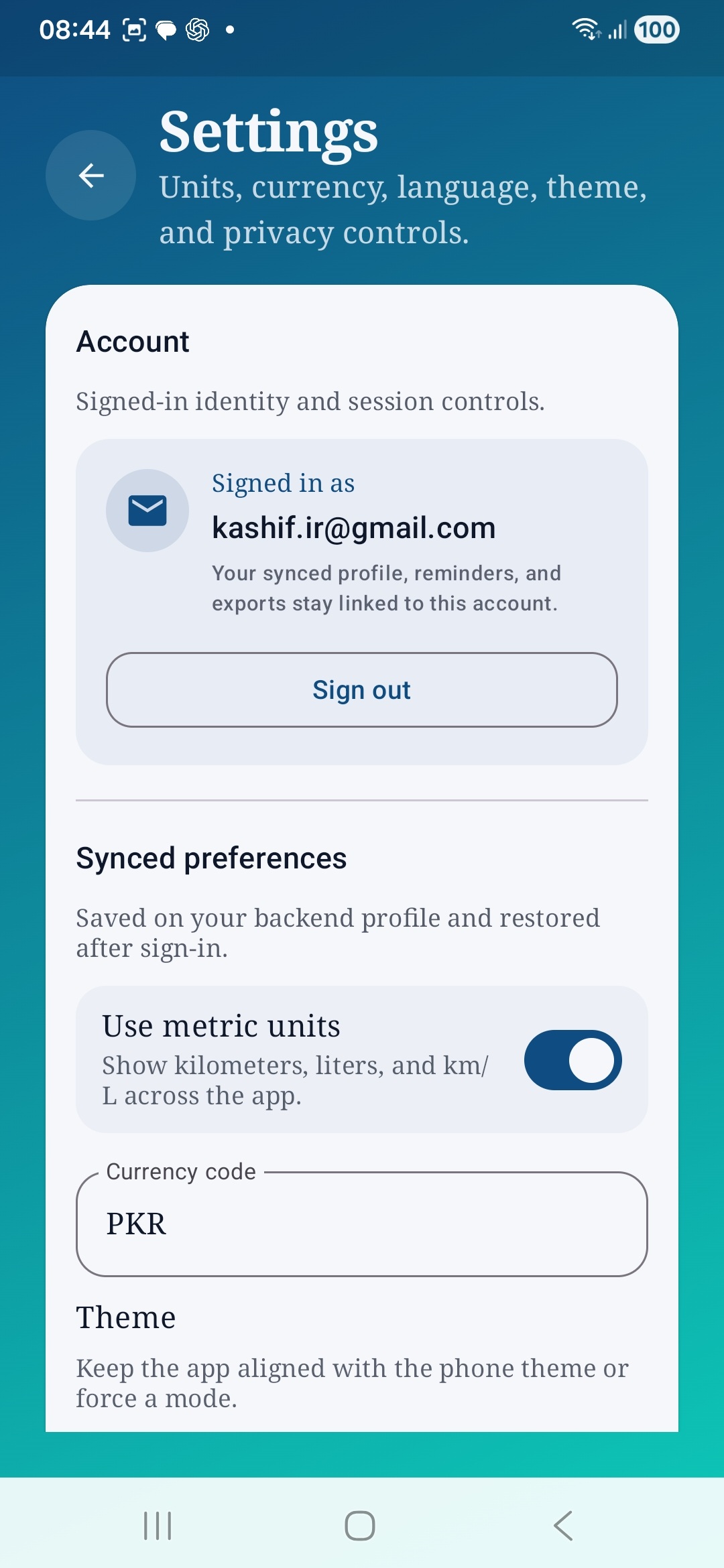 Auto Care AI settings page showing signed-in account details and synced preference controls.