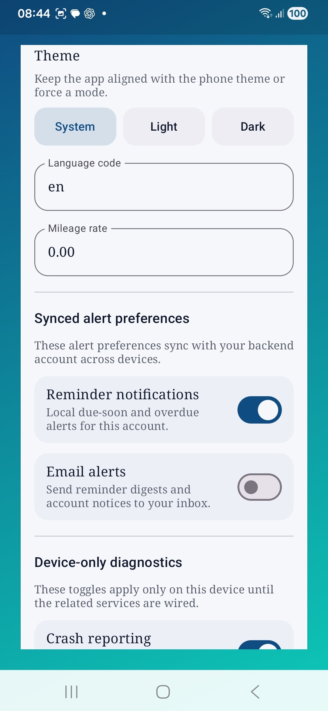 Auto Care AI settings page showing theme, language, mileage rate, reminder notifications, and email alerts.