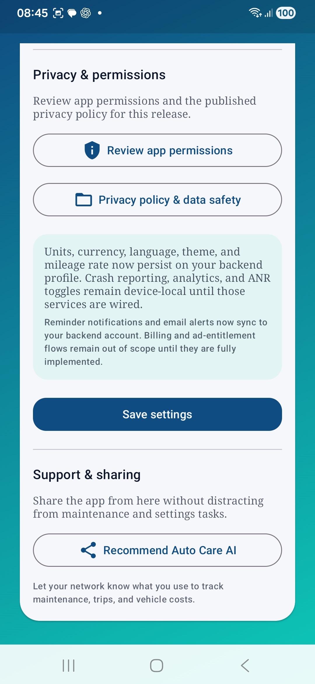 Auto Care AI privacy and support settings screen