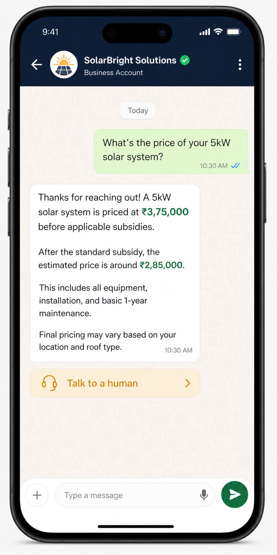 WhatsApp chat where Irshad AI Employee answers a customer's solar pricing question from the company's own price list.